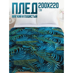 Плед 200х220 Павлина Амазония евростандарт заленый джунгли велсофт